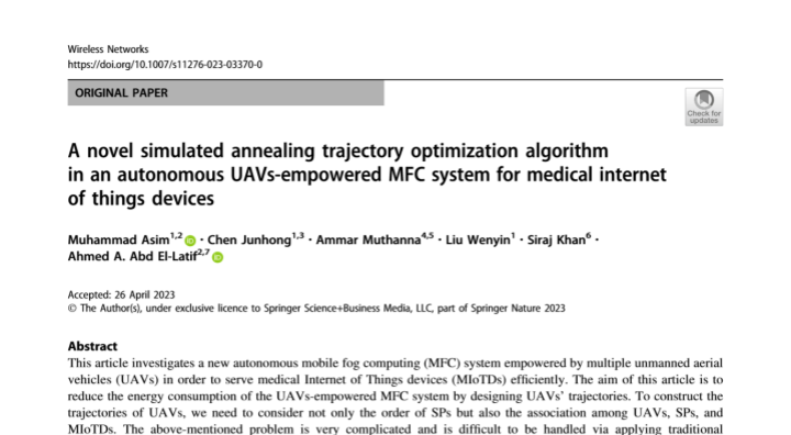 Impression of the publication "A novel simulated annealing trajectory optimization algorithm in an autonomous UAVs-empowered MFC system for medical internet of things devices"