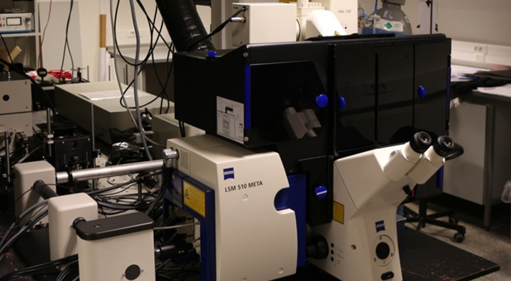 Picture of a Zeiss AxioVert 100M microscope stand equipped with a dark PECON incubator. An LSM510 confocal microscope scanhead is attached to the left side port.