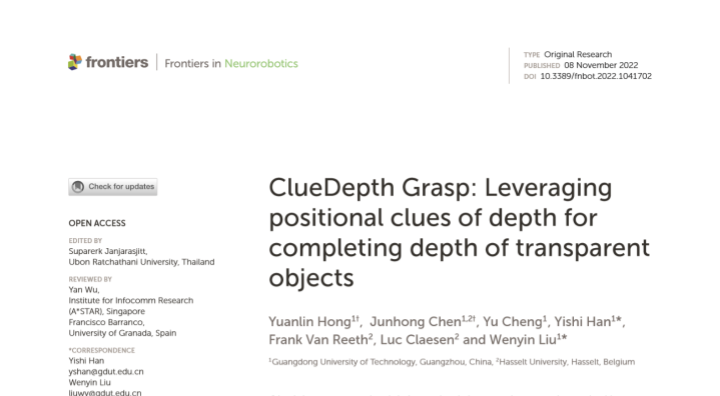 Impressie van de publicatie "ClueDepth Grasp: Leveraging positional clues of depth for completing depth of transparent objects"