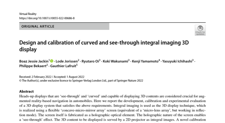 Impressie van de publicatie "Design and calibration of curved and see-through integral imaging 3D display"