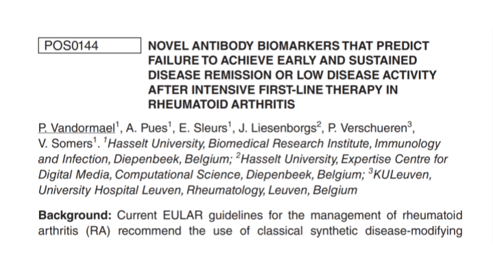 Impressie van de publicatie "Novel antibody biomarkers that predict failure to achieve early and sustained disease remission or low disease activity after intensive first-line therapy in rheumatoid arthritis"
