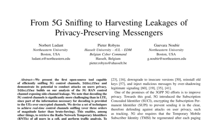 Impression of the publication "From 5G Sniffing to Harvesting Leakages of Privacy-Preserving Messengers"