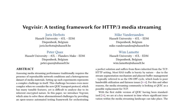Impressie van de publicatie "Vegvisir: A testing framework for HTTP/3 media streaming"