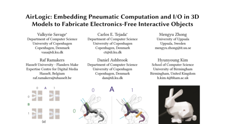 Impression of the publication "AirLogic: Embedding Pneumatic Computation and I/O in 3D Models to Fabricate Electronics-Free Interactive Objects"