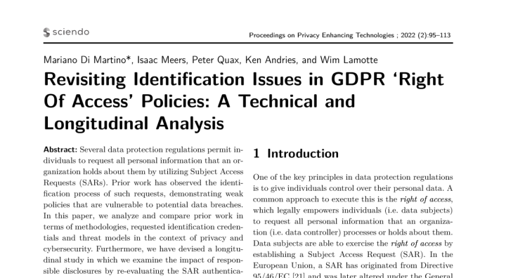 Impressie van de publicatie "Revisiting Identification Issues in GDPR ‘Right Of Access’ Policies: A Technical and Longitudinal Analysis"