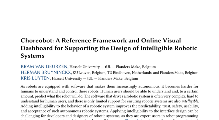 Impressie van de publicatie "Choreobot: A Reference Framework and Online Visual Dashboard for Supporting the Design of Intelligible Robotic Systems"