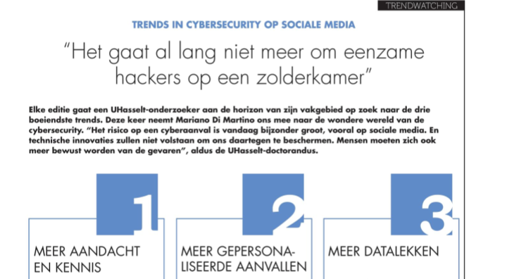 Impression of the UHasselt Magazine article "Trends in cybersecurity op sociale media"