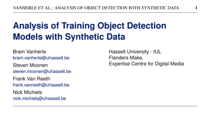 Impressie van de publicatie "Analysis of Training Object Detection Models with Synthetic Data"