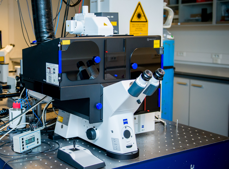 Picture of a Zeiss AxioObserver Z1 microscope stand equipped with a dark PECON incubator. An LSM880 confocal microscope scanhead is attached to the rear port and a BiG.2 detector unit is attached to the right side port..